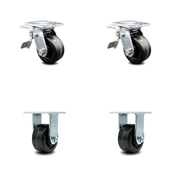 4 Inch Phenolic Caster Set with Ball Bearings 2 Brakes 2 Rigid